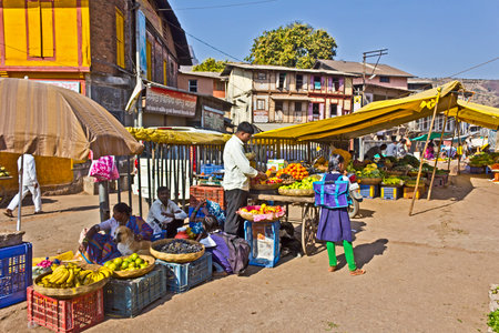 FEB 5, 2015, TRIMBAK, INDIA - Sales of a fruits and vegetables on a street of the village Trimbak, Maharashtraのeditorial素材