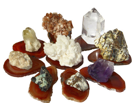 Minerals and crystals on stone plates の写真素材