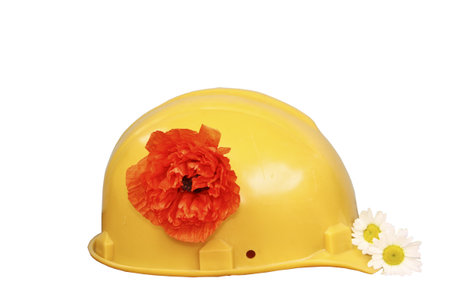 A building yellow helmet with red colours and camomiles on a white background の写真素材