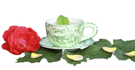 Tea in a mug on green sheet on a white background の写真素材