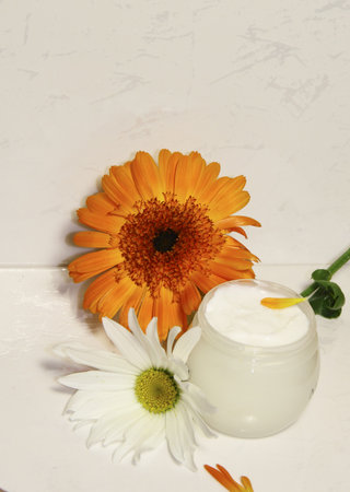 A face cream with a flower of a calendula and a camomile の写真素材