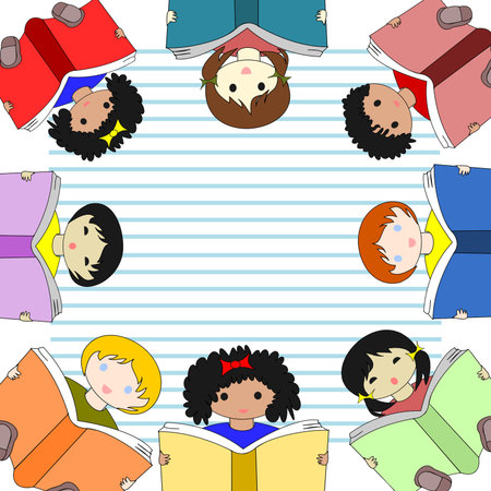 Children of different races reading books and sit in a circle on the background notebook sheet の写真素材