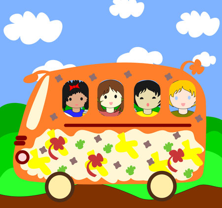 Happy children of different races going on the school bus の写真素材
