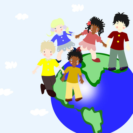 Children of different races on a green planetの写真素材
