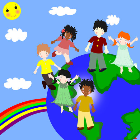 Children of different races on a green planetの写真素材