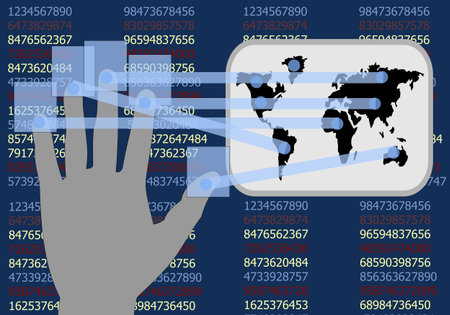 Hand touch screen shows the development of businesses around the worldの写真素材