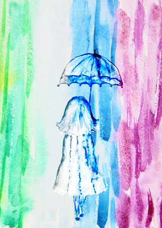 Watercolor illustration of a girl with an umbrella, abstract rainbow bright backgroundの写真素材