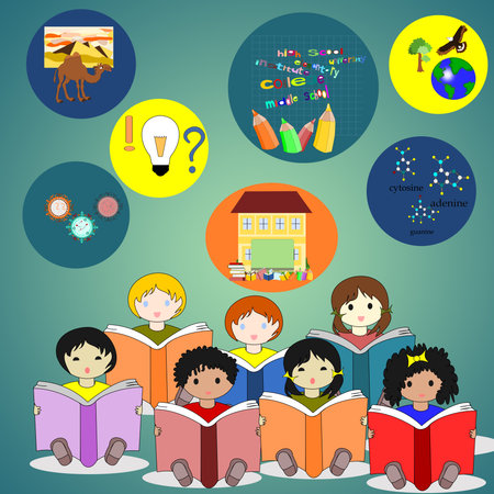 Children of different races sitting with books in their hands, around the icons of various school subjects.の写真素材