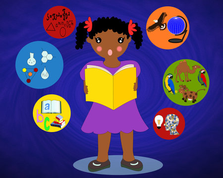 African girl with a book in his hands around the icons of school subjectsの写真素材