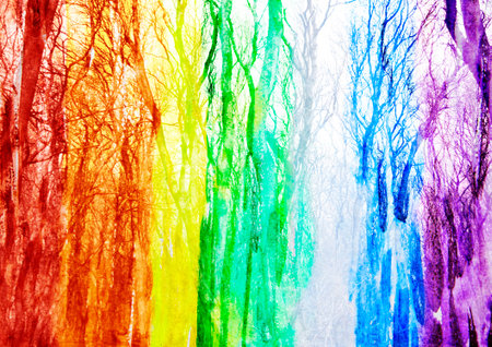 Abstract watercolor background with rainbow and trees, double exposure effectの写真素材