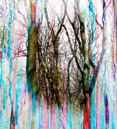 Abstract watercolor background with fantastic trees, double exposure effectの写真素材