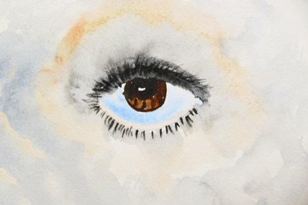 Brown human eye is painted in watercolor on a colored backgroundの写真素材