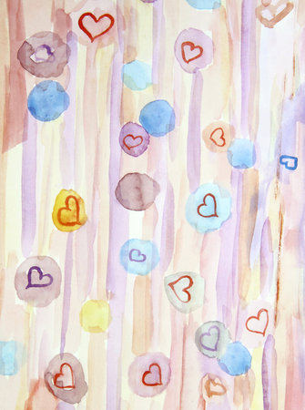 Scenic  beautiful watercolor background with hearts and circles, abstraction,の写真素材