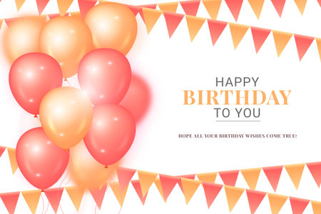 Happy birthday congratulations banner design with confetti, balloons, and glossy glitter ribbonのイラスト素材