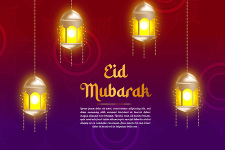 Vector eid mubarak islamic design greeting card golden crescent and lanternのイラスト素材