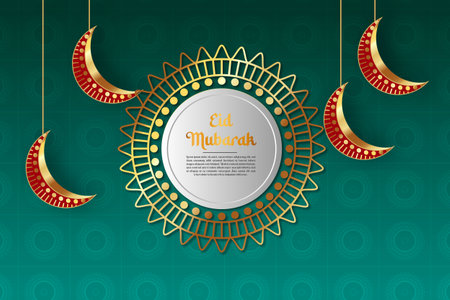 Vector eid mubarak islamic design greeting card golden crescent and lanternのイラスト素材