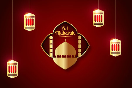 vector realistic eid mubarak background with candles and mosqueのイラスト素材