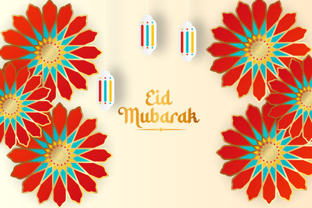 vector realistic eid mubarak background with candles and mosqueのイラスト素材