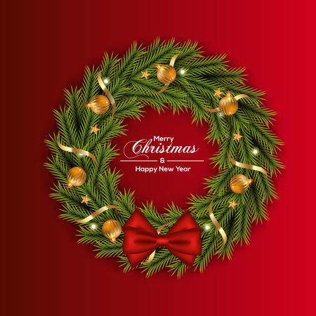 Vector Christmas wreath decoration with pine branch  christmas ball, merry christmas text with garland elements for xmas greeting cardの写真素材