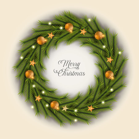Vector Christmas wreath decoration with pine branch  christmas ball, merry christmas text with garland elements for xmas greeting cardの写真素材