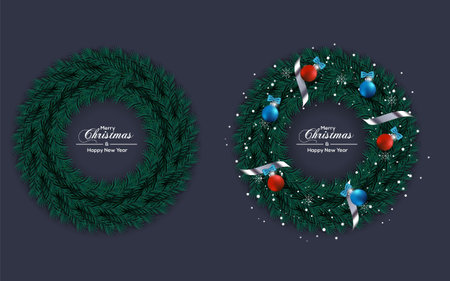 Vector Christmas wreath decoration with pine branch  christmas ball, merry christmas text with garland elements for xmas greeting cardの写真素材