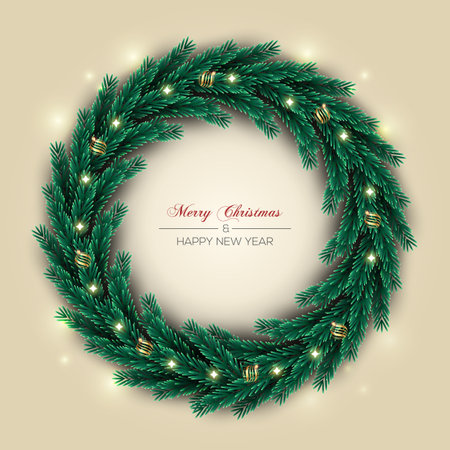 Vector Christmas wreath decoration with pine branch  christmas ball, merry christmas text with garland elements for xmas greeting cardの写真素材
