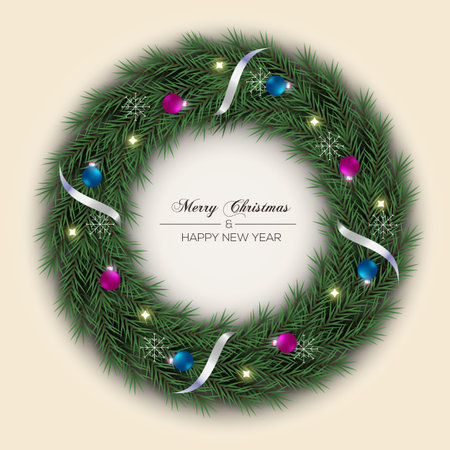 Vector Christmas wreath decoration with pine branch  christmas ball, merry christmas text with garland elements for xmas greeting cardの写真素材