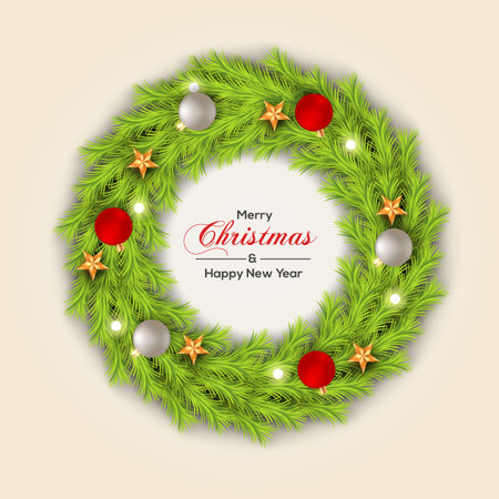 Vector Christmas wreath decoration with pine branch  christmas ball, merry christmas text with garland elements for xmas greeting cardの写真素材