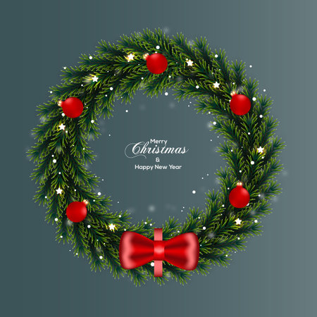 Vector Christmas wreath decoration with pine branch  christmas ball, merry christmas text with garland elements for xmas greeting cardの写真素材