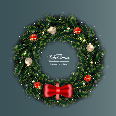 Vector Christmas wreath decoration with pine branch  christmas ball, merry christmas text with garland elements for xmas greeting cardのイラスト素材