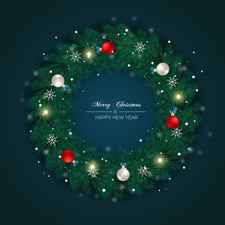 Vector Christmas wreath decoration with pine branch  christmas ball, merry christmas text with garland elements for xmas greeting cardのイラスト素材