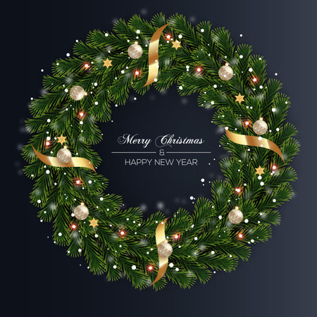 Vector Christmas wreath decoration with pine branch  christmas ball, merry christmas text with garland elements for xmas greeting cardのイラスト素材