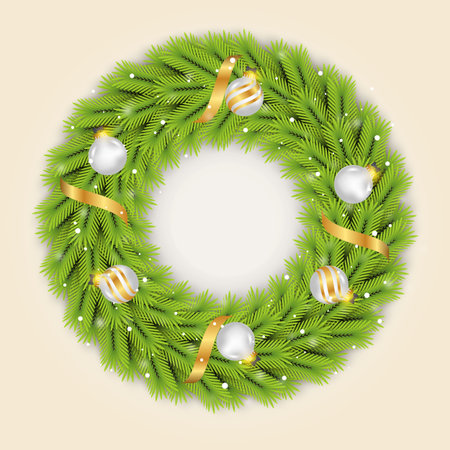 Vector Christmas wreath decoration with pine branch  christmas ball, merry christmas text with garland elements for xmas greeting cardのイラスト素材