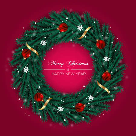 Vector Christmas wreath decoration with pine branch  christmas ball, merry christmas text with garland elements for xmas greeting cardのイラスト素材