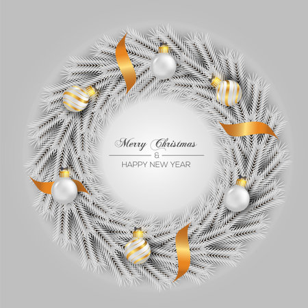 Vector Christmas wreath decoration with pine branch  christmas ball, merry christmas text with garland elements for xmas greeting cardのイラスト素材