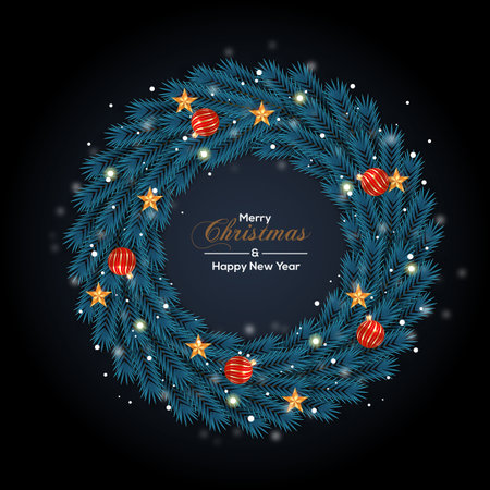 Vector Christmas wreath decoration with pine branch  christmas ball, merry christmas text with garland elements for xmas greeting cardのイラスト素材