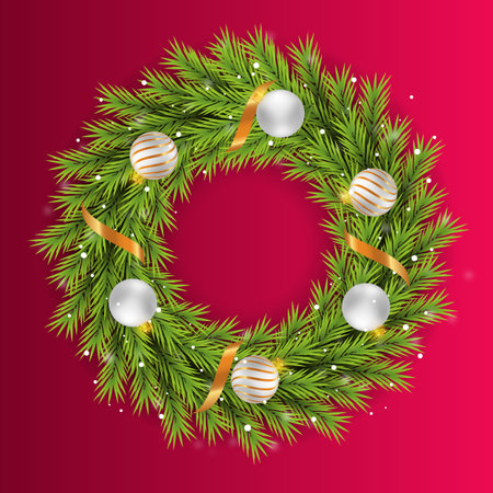 Vector Christmas wreath decoration with pine branch  christmas ball, merry christmas text with garland elements for xmas greeting cardのイラスト素材