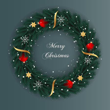 Vector Christmas wreath decoration with pine branch  christmas ball, merry christmas text with garland elements for xmas greeting cardのイラスト素材