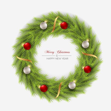 Vector Christmas wreath decoration with pine branch  christmas ball, merry christmas text with garland elements for xmas greeting cardのイラスト素材
