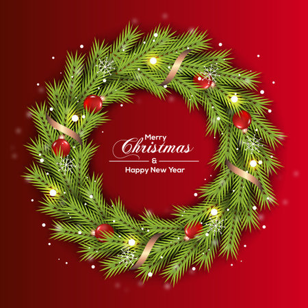 Vector Christmas wreath decoration with pine branch  christmas ball, merry christmas text with garland elements for xmas greeting cardのイラスト素材