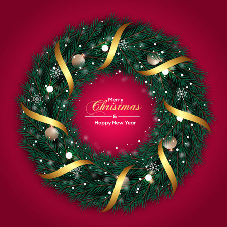 Vector Christmas wreath decoration with pine branch  christmas ball, merry christmas text with garland elements for xmas greeting cardのイラスト素材