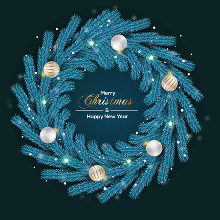 Vector Christmas wreath decoration with pine branch  christmas ball, merry christmas text with garland elements for xmas greeting cardのイラスト素材