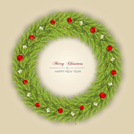 Vector Christmas wreath decoration with pine branch  christmas ball, merry christmas text with garland elements for xmas greeting cardのイラスト素材