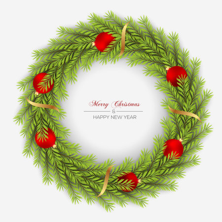 Vector Christmas wreath decoration with pine branch  christmas ball, merry christmas text with garland elements for xmas greeting cardのイラスト素材