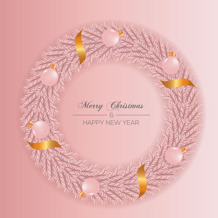 Vector Christmas wreath decoration with pine branch  christmas ball, merry christmas text with garland elements for xmas greeting cardのイラスト素材