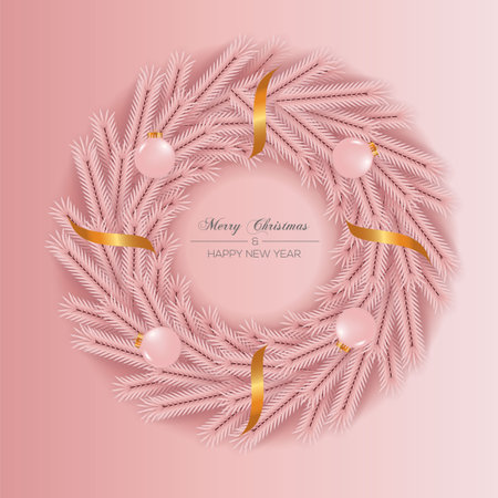 Vector Christmas wreath decoration with pine branch  christmas ball, merry christmas text with garland elements for xmas greeting cardのイラスト素材