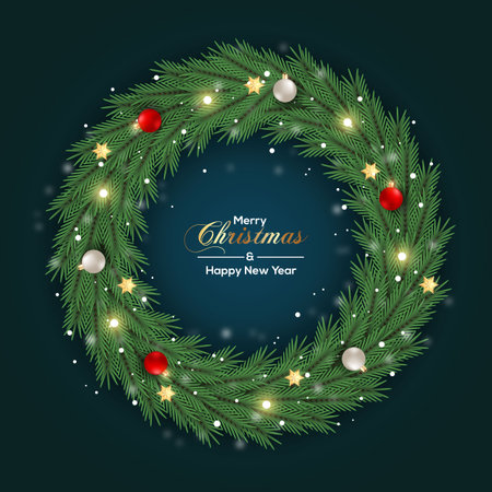 Vector Christmas wreath decoration with pine branch  christmas ball, merry christmas text with garland elements for xmas greeting cardのイラスト素材