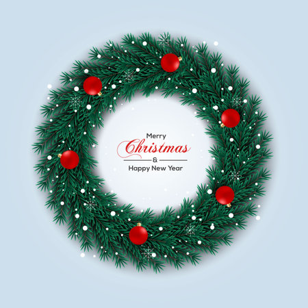 Vector Christmas wreath decoration with pine branch  christmas ball, merry christmas text with garland elements for xmas greeting cardのイラスト素材