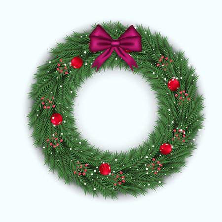 Vector Christmas wreath decoration with pine branch  christmas ball, merry christmas text with garland elements for xmas greeting cardのイラスト素材