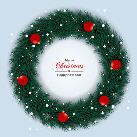 Vector Christmas wreath decoration with pine branch  christmas ball, merry christmas text with garland elements for xmas greeting cardのイラスト素材